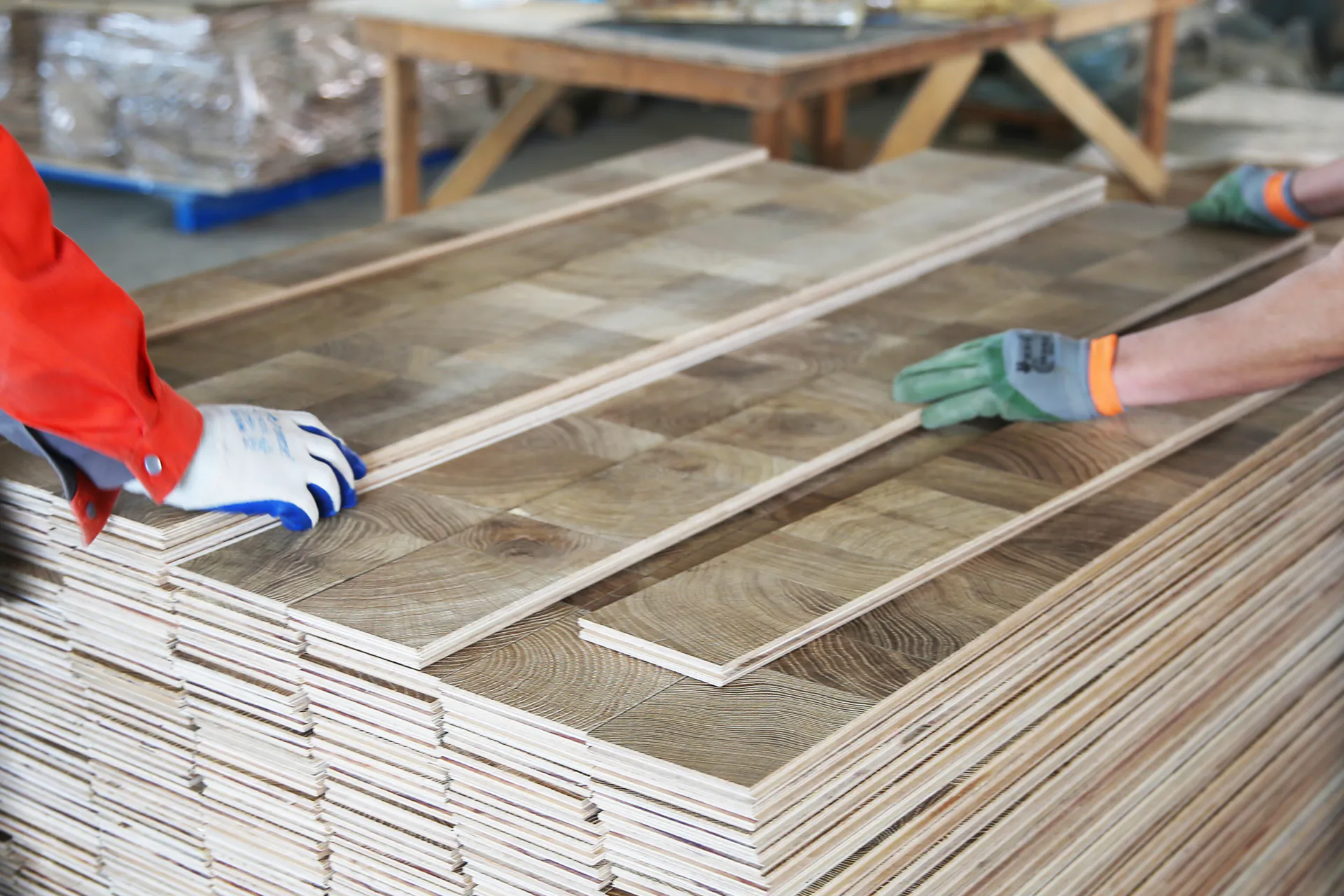 Custom finished end grain flooring samples with various textures and tones